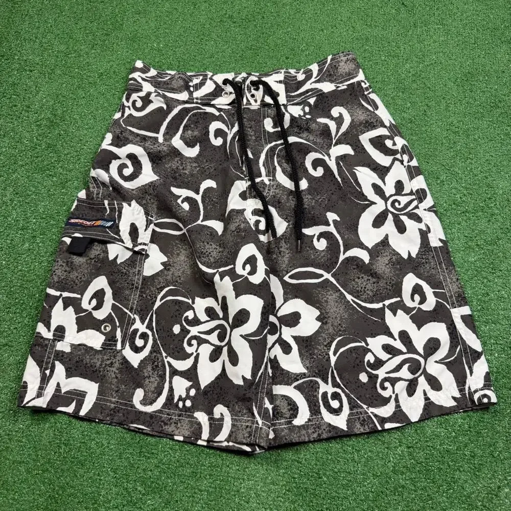 Sideout Floral Board Shorts Brown White Hawaiian Surf Y2K Swim Trunks Mens 28